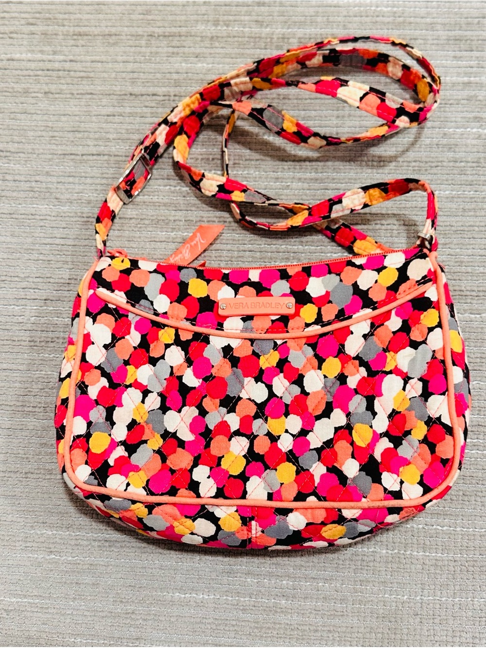 Vera Bradley Small PIXIE CONFETTI Crossbody handbag purse Polka dots Peach Pink